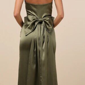 Absolutely Poised Olive Green Satin Strapless Bow Maxi Dress